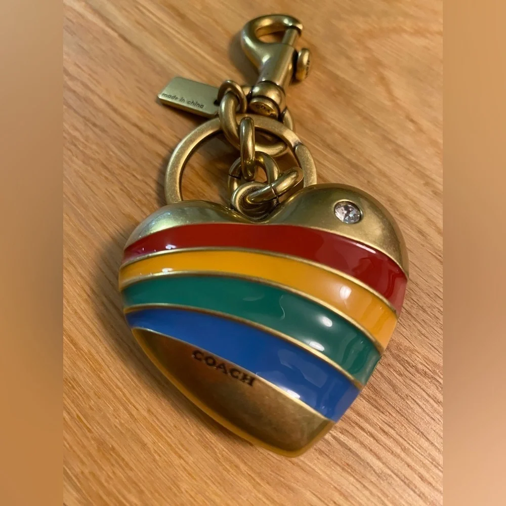 *NWOT* Coach XL Gold Heart Keychain with Rhinestone & Enamel Multicolor Stripes